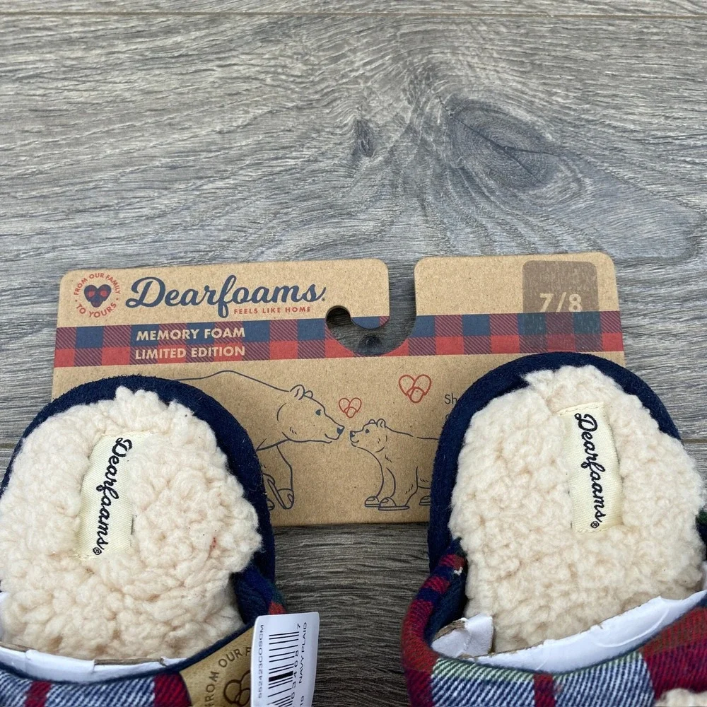 Lil Bear Dearfoam Slippers Youth Toddler Size 7 -8 ‎ Plaid Red Blue Comfort Cozy